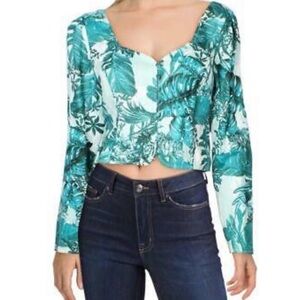 Guess Teal Tropical Print Long-Sleeve Crop Top